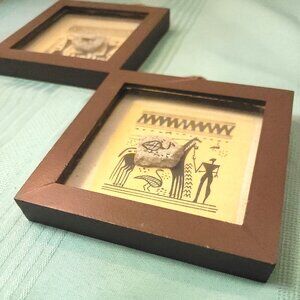 1990s Pair Framed Saharan Rock Art Miniatures Dabous Giraffe & Hunter Panels